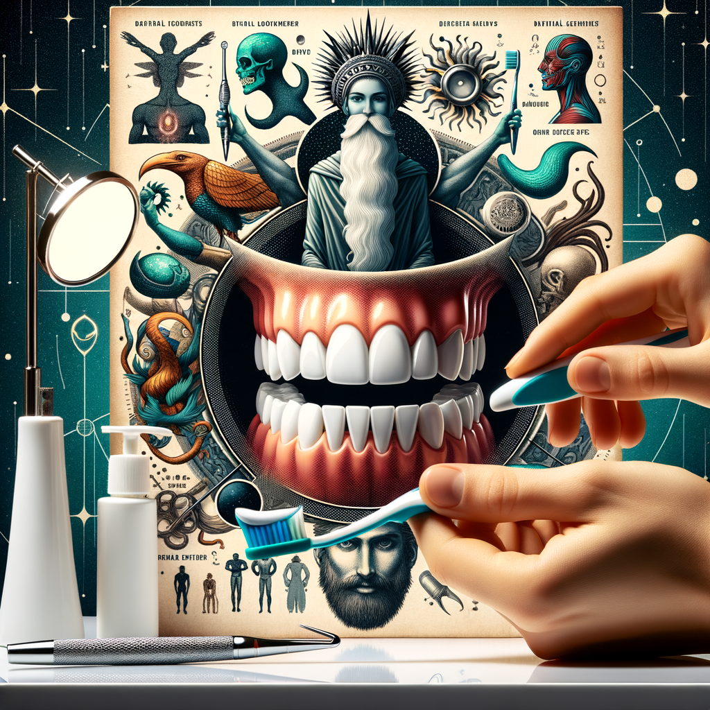 Surreal illustration of large teeth, a hand holding dental tools, and mystical anatomical charts about dental cleaning facts